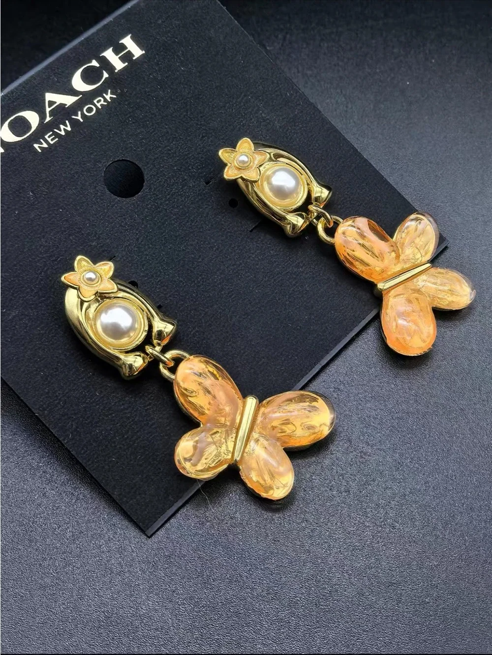 Coach Gold-Tone Orange Butterfly Drop Earrings